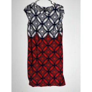 R&K‎ Knits Red Navy Blue White Geometric Print Cap Sleeve Sheath Dress Small